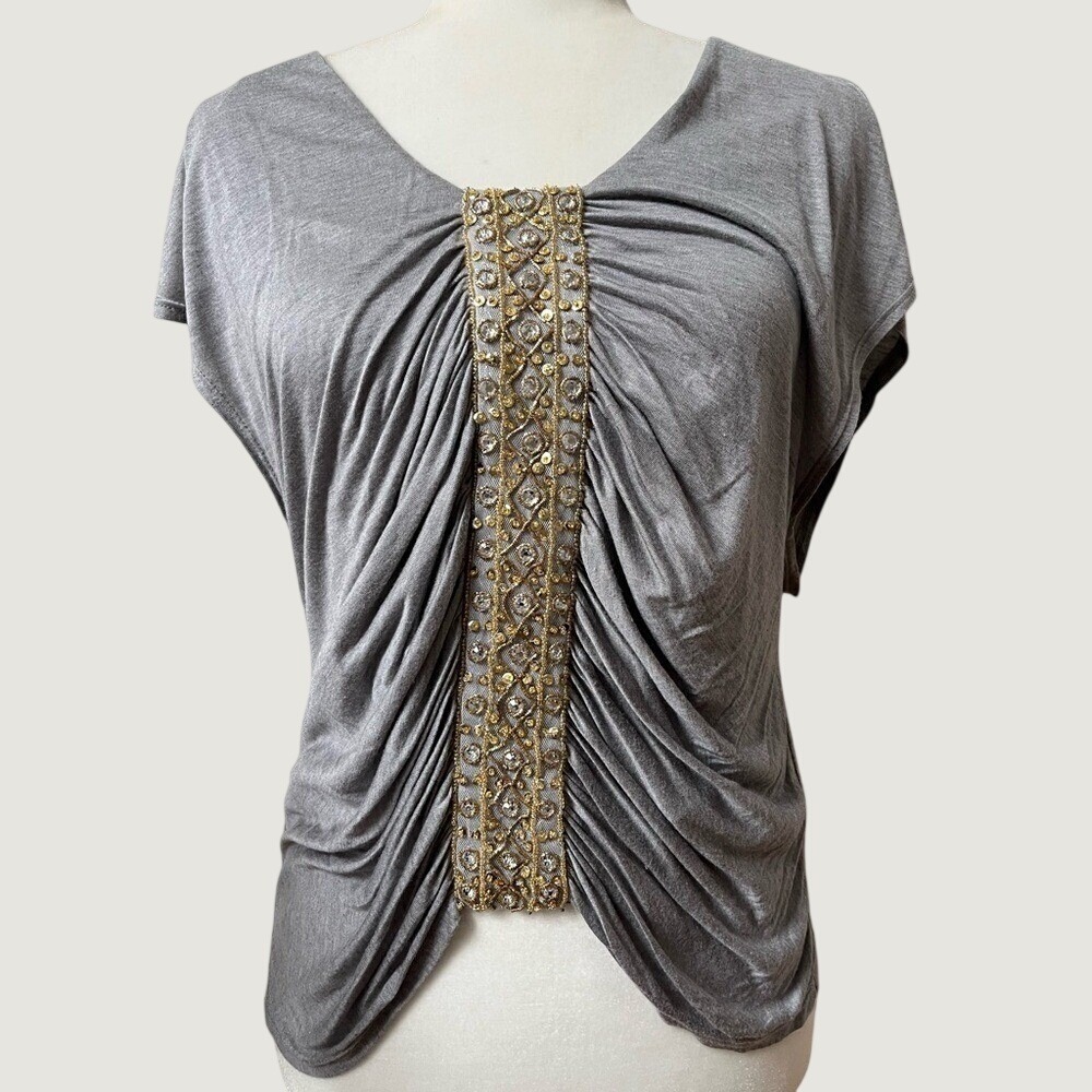 Akiko Draped Silk Blend Top Blouse Womens Small Gray Gold Embellishments Party